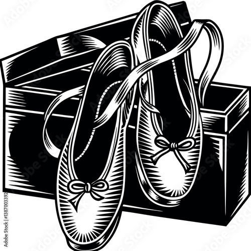 Ballet shoes resting on a neatly arranged shoe box, showcasing their elegance and craftsmanship in a creative display Generative AI