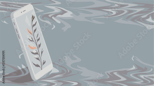 Digital illustration of a smartphone with a plant design set against a swirling gray background showcasing modern aesthetics Generative AI