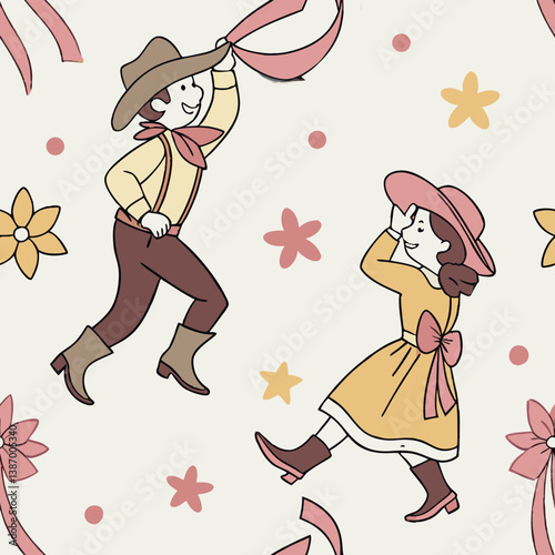 Children dancing playfully with ribbons and flowers on a light background during a festive occasion Generative AI