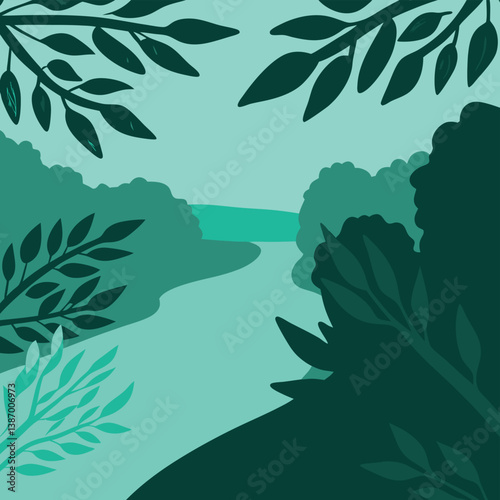 Serene river landscape with lush greenery under a clear sky in a tranquil setting during midday Generative AI