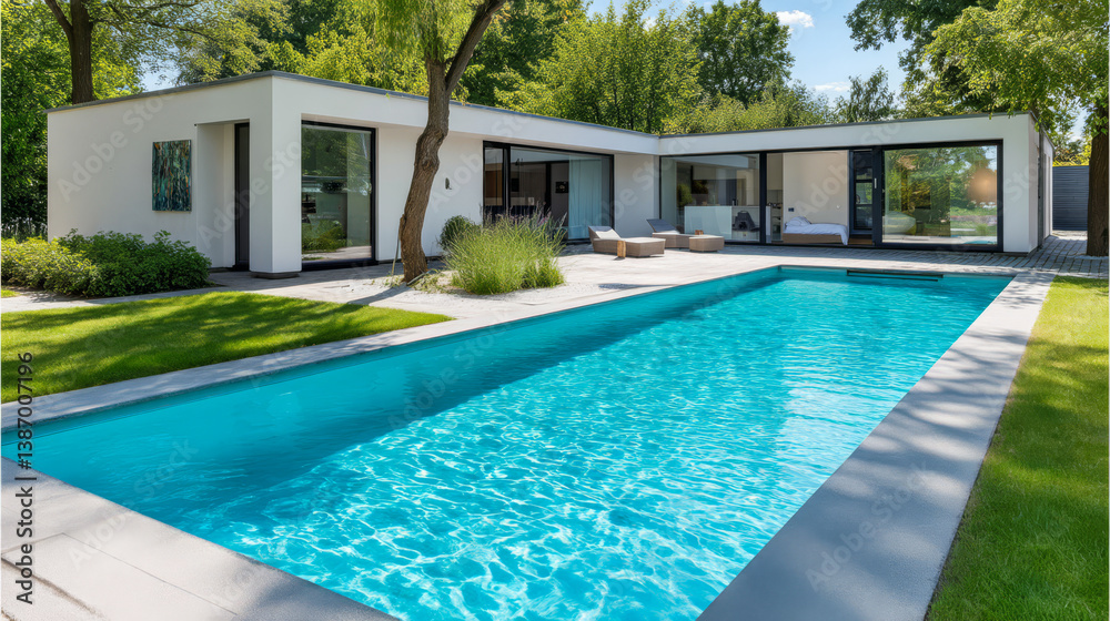 Fototapeta premium Modern house with swimming pool surrounded by greenery in bright daylight