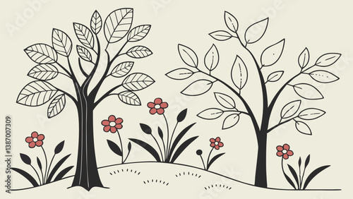 Artistic depiction of trees and flowers on a hillside showcasing nature's beauty in a simplistic style Generative AI