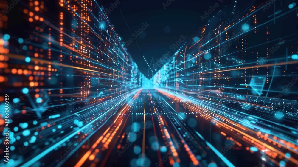 Fototapeta premium Futuristic city street with digital computer graphic blue and orange line effect