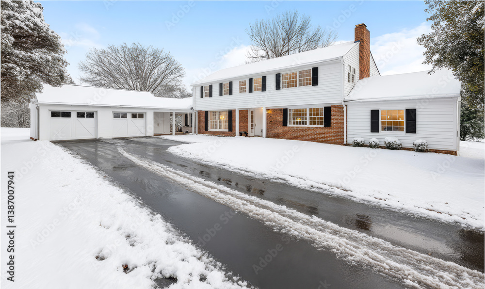 Snow-covered house with driveway in winter landscape during daylight Snow-covered house with driveway in winter landscape during daylight