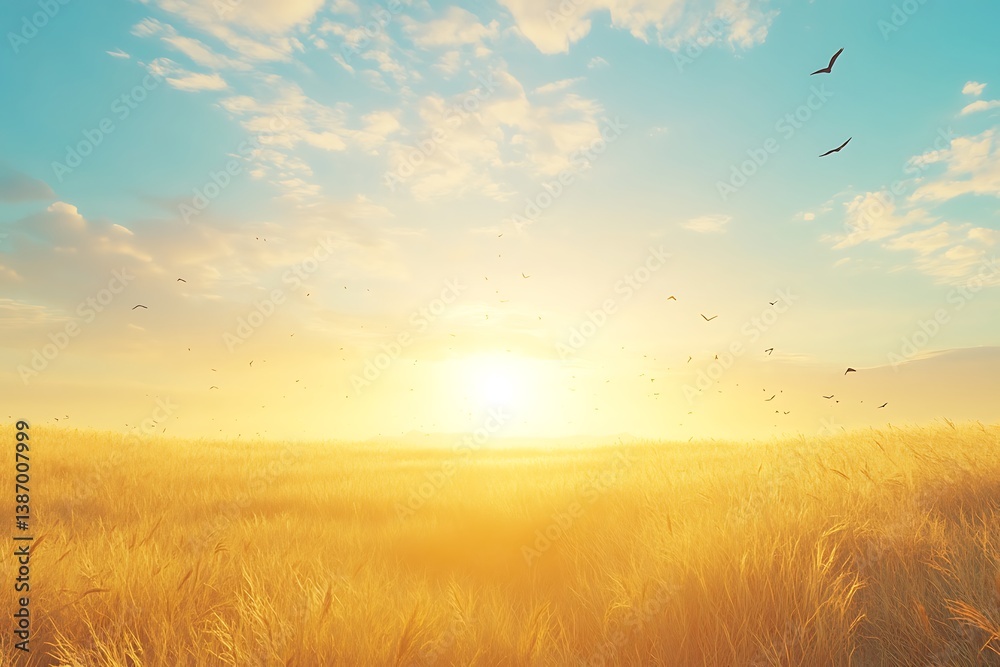 Obraz premium Golden Wheat Field Sunrise Birds
