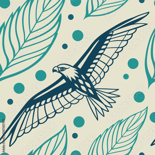 Eagle flying among leafy patterns and polka dots in a vibrant design Generative AI