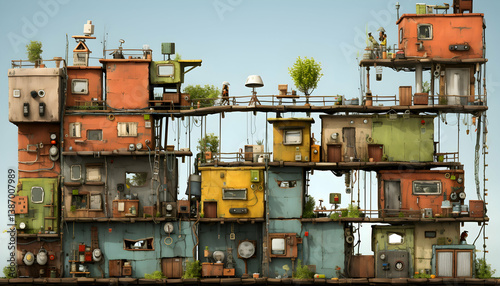 Colourful Shantytown Architecture Stacked on Each Other With a Distressed Vintage Texture and Weathered Exterior Under the Soft Sky