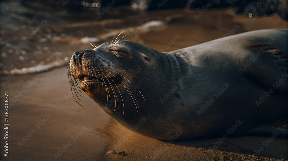 Naklejka premium Happy Seal Lounging on Beach, Close-Up Portrait in Natural Lighting
