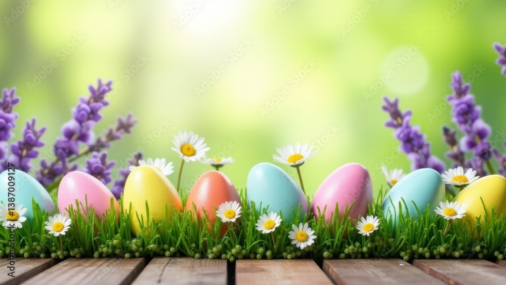 Fototapeta premium Colorful Easter Eggs With Lavender Flowers