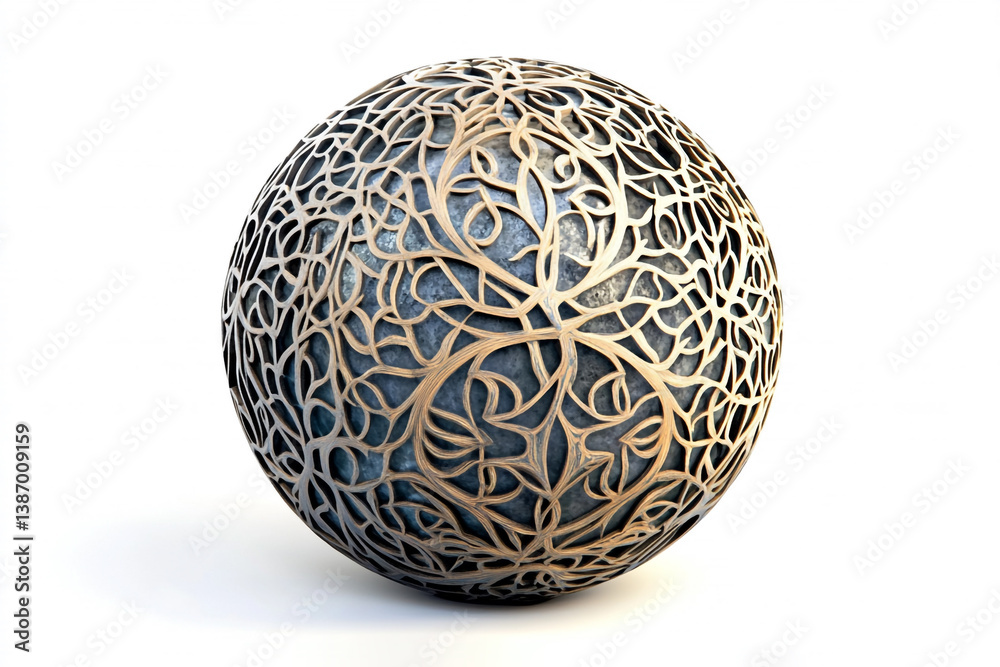 Abstract Orb of Intricate Patterns: A striking image of a sphere, crafted with an open, organic design of detailed metalwork, casting a play of light and shadow. Abstract Orb of Intricate Patterns: A striking image of a sphere, crafted with an open, organic design of detailed metalwork, casting a play of light and shadow.