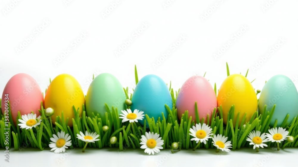 Colorful Easter Eggs In Grass With Flowers Colorful Easter Eggs In Grass With Flowers