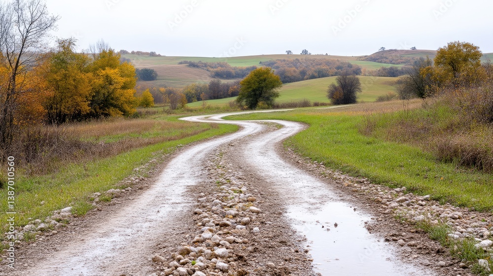 Winding dirt road through autumnal landscape