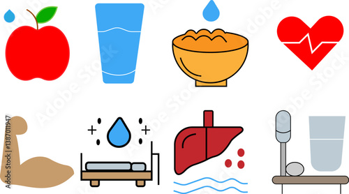 Health and Wellness Solid Icons Set with Apple, Protein Shake, Healthy Bowl, Heart Care, Fitness Strength, Hygiene, Spa Therapy and Nutrition Symbols