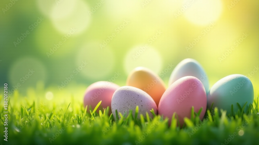 Fototapeta premium Pastel Easter Eggs In Green Grass