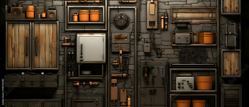 Obraz premium Detailed Grey Wall Featuring Wooden Cabinets with Copper Accents and Multiple Storage Units in Warm Interior Lighting