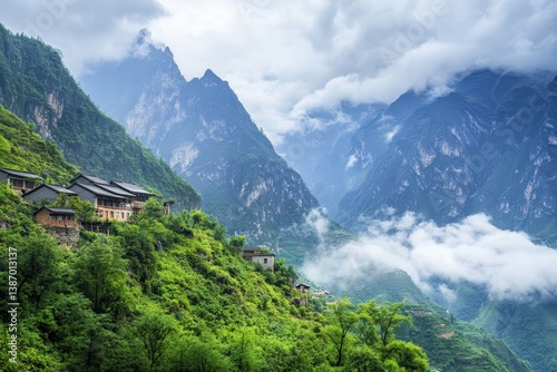 Breathtaking View of Mountain Village at Tiger Leaping Gorge Trek with Dramatic Layers after Rain, Lijiang, China