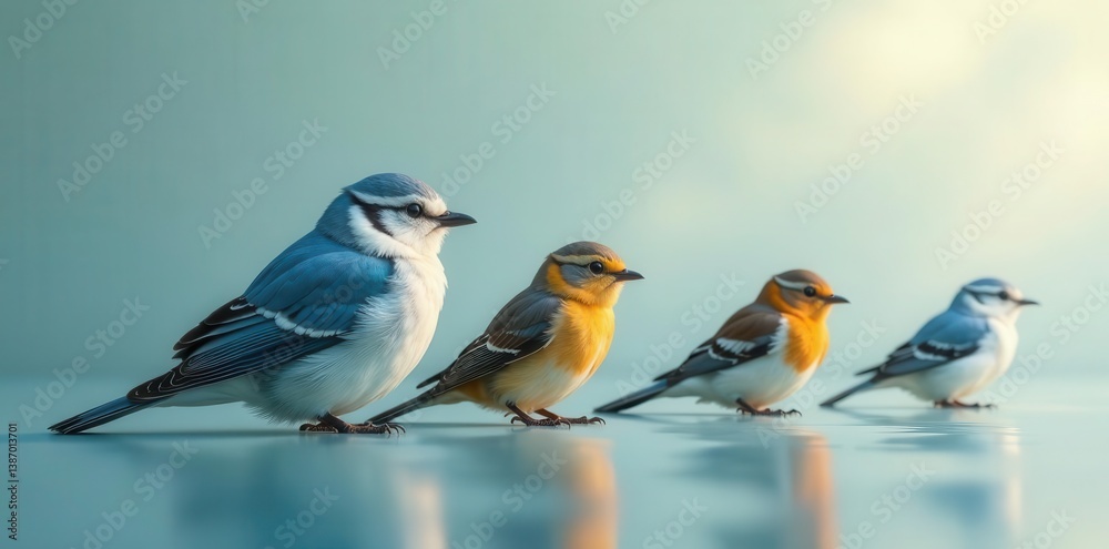 A vibrant collection of small birds perched in a row, showcasing their diverse plumage and captivating beauty against a serene backdrop A vibrant collection of small birds perched in a row, showcasing their diverse plumage and captivating beauty against a serene backdrop