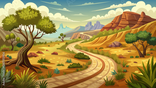 A winding dirt path cutting through arid shrubland with sparse vegetation and rugged terrain.
