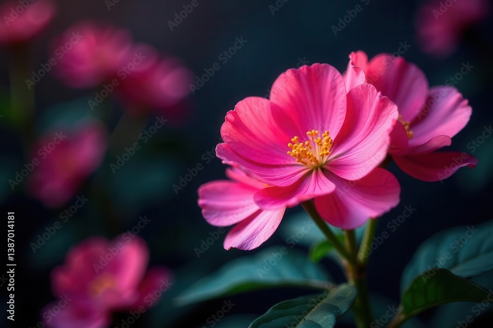 Fototapeta premium Close-up view of vibrant pink blossoms with delicate petals and golden stamens, softly blurred background showcasing the beauty of nature's artistry in floral detail