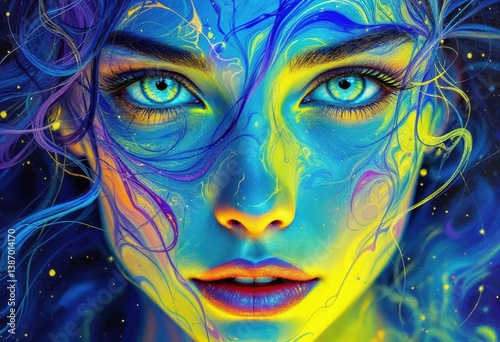 Neon Fantasy Female Portrait with Intense Expression