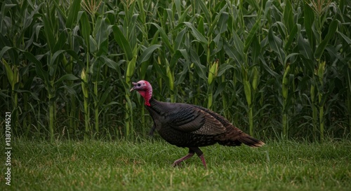 Wild turkey strolls confidently across a field with corn stalks background
