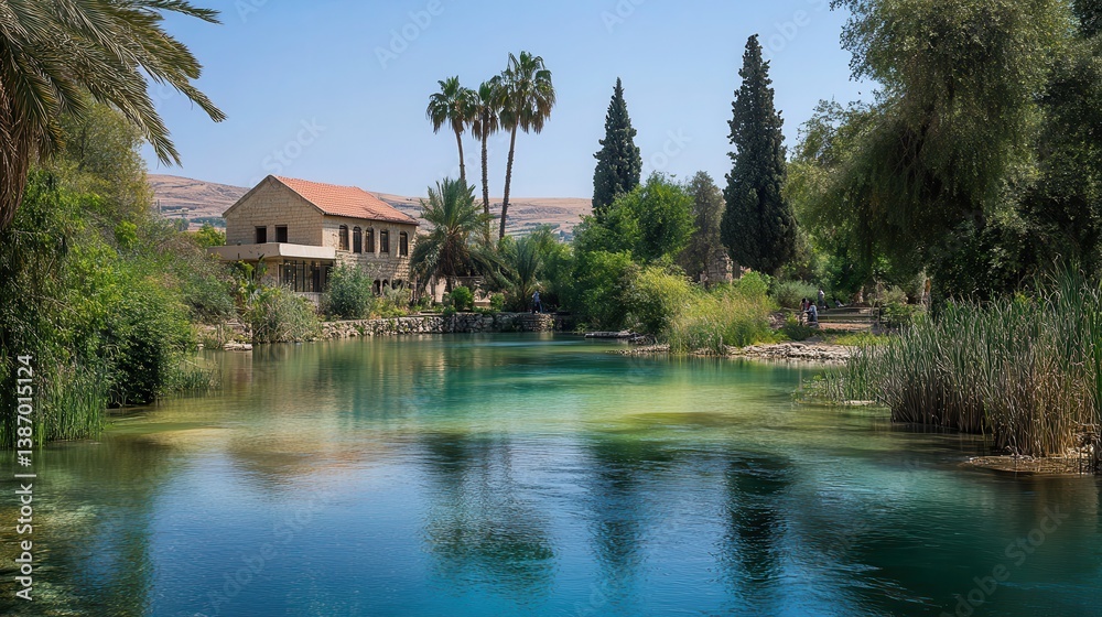 Fototapeta premium Holy Jordan River at Yardenit Baptismal Site: A Spiritual Journey in the Heart of Galilee, Israel