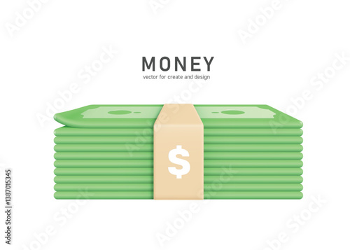 A stack or bundle of dollar bills or cash placed on a white background for your financial and investment advertising design, vector 3d illustration for advertising design