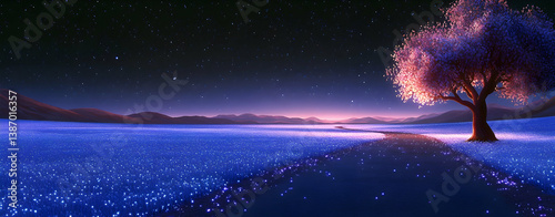 Dreamy Starry Night Landscape with Glowing Field and Tree Under a Twilight Sky with Dark Backdrop