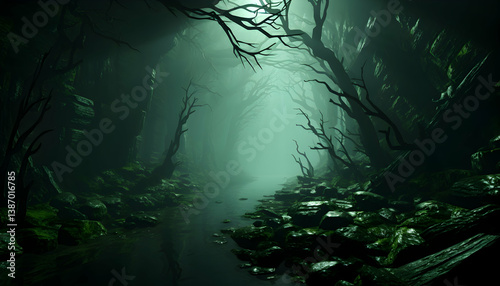 Eerie Pixel Art of a Dark Foggy Forest Path with Mossy Trees and Gloomy Atmosphere
