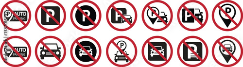 No Parking icons set in trendy flat styles. Traffic rules and signals. Traffic parking ban symbols. Red circle Prohibition public road vehicles signs illustration isolated on transparent background.