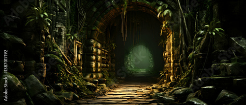 Eerie Tunnel Carved From Dark Stone with Ferns Moss and Overgrown Vegetation Featuring an Imposing Arch in an Atmospheric Outdoor Rural Scene