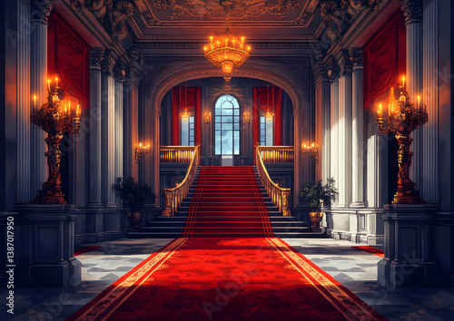 Elegant Grand Hallway with Red Carpet Golden Accents and Ornate Chandelier a Luxurious Interior View with Marble Architecture and Pixel Art Rendering