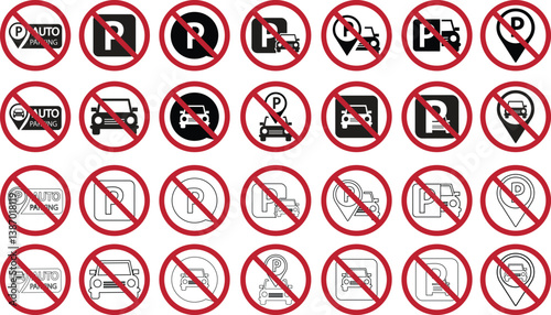 Free Download No Parking icons set in flat and line styles. Traffic rules and signals. Traffic parking ban symbols. Red circle Prohibition public road vehicles signs illustration isolated on transparent background. - GFXLoad