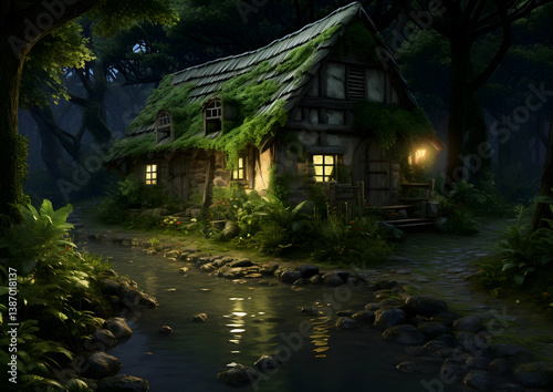 Enchanting Stone Cottage with Moss Covered Roof in Dark Forest Lit by Warm Interior Lights Reflecting in Calm Stream