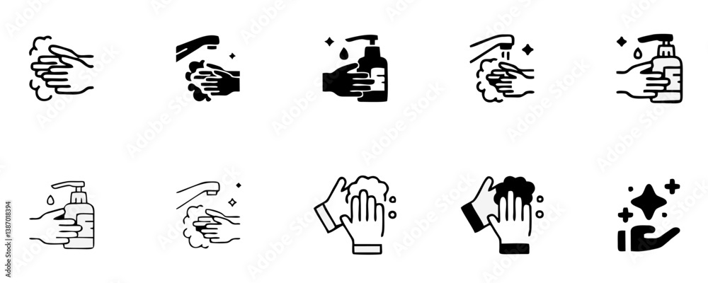 Fototapeta premium Hand Washing Line Icons. Editable Stroke. Pixel Perfect. For Mobile and Web. Contains such icons as Bacterium, Bathroom, Bubble, COVID-19, Cleaning Sponge, Dirty, Dryer, Faucet, Hand Dryer, Human Hand