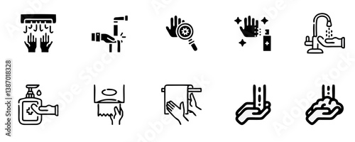 Hand Washing Line Icons. Editable Stroke. Pixel Perfect. For Mobile and Web. Contains such icons as Bacterium, Bathroom, Bubble, COVID-19, Cleaning Sponge, Dirty, Dryer, Faucet, Hand Dryer, Human Hand