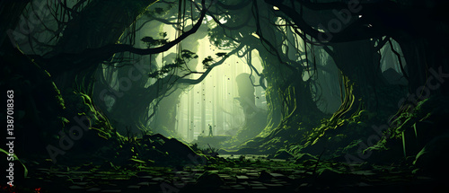 Enigmatic Green Pixel Art Forest Landscape with Lush Trees and Mist Shrouded in Eerie Ambiance in a Dreamlike Pixelated Old School Graphic Style