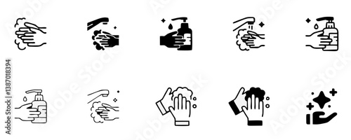 Hand Washing Line Icons. Editable Stroke. Pixel Perfect. For Mobile and Web. Contains such icons as Bacterium, Bathroom, Bubble, COVID-19, Cleaning Sponge, Dirty, Dryer, Faucet, Hand Dryer, Human Hand