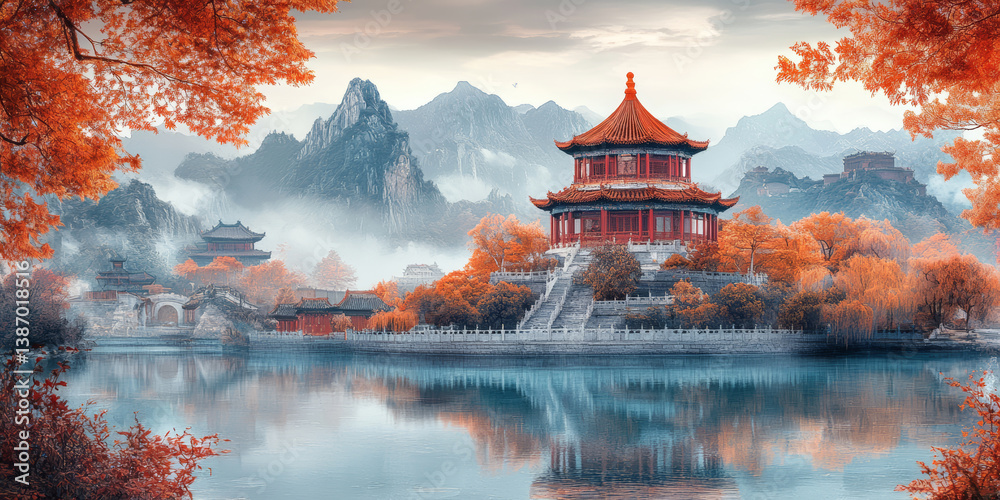 Obraz premium Chinese traditional ancient architecture art illustration 