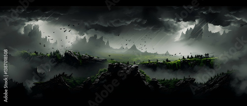 Ethereal Landscape of Misty Mountains Under a Cloudy Sky with Dramatic Light and Shadows in a Pixelated Digital Art Style