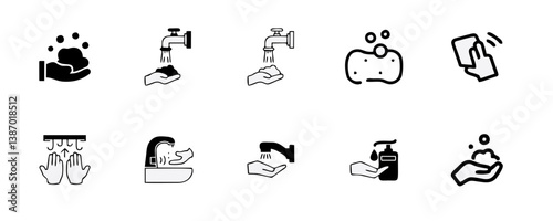 Hand Washing Line Icons. Editable Stroke. Pixel Perfect. For Mobile and Web. Contains such icons as Bacterium, Bathroom, Bubble, COVID-19, Cleaning Sponge, Dirty, Dryer, Faucet, Hand Dryer, Human Hand
