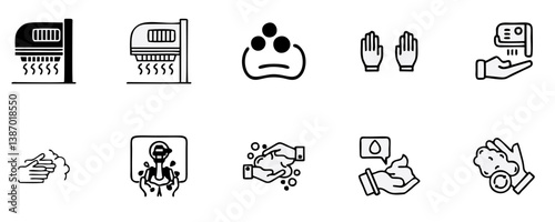 Hand Washing Line Icons. Editable Stroke. Pixel Perfect. For Mobile and Web. Contains such icons as Bacterium, Bathroom, Bubble, COVID-19, Cleaning Sponge, Dirty, Dryer, Faucet, Hand Dryer, Human Hand