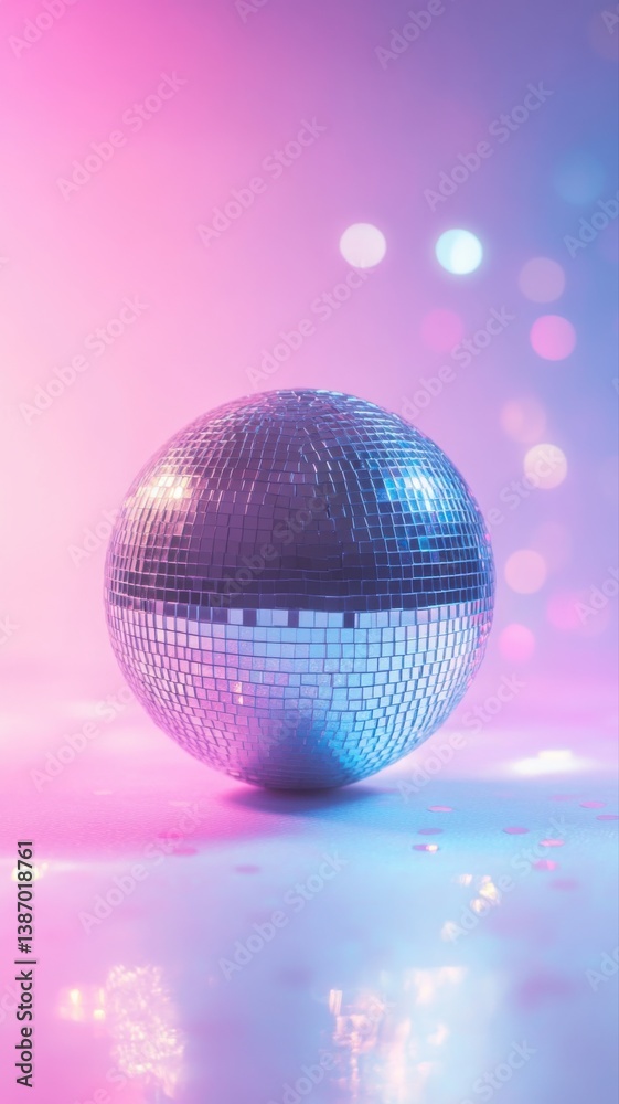 Shiny silver mirror disco ball in dreamy pastel gradient with bokeh lights. Generative AI Shiny silver mirror disco ball in dreamy pastel gradient with bokeh lights. Generative AI