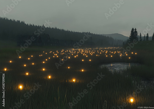 Field of Glowing Lights Amidst Dark Trees and Foggy Sky At Night