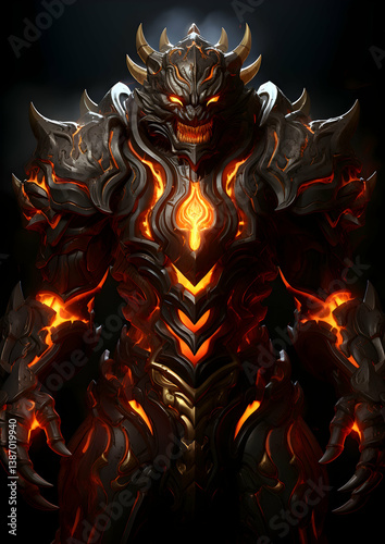 Fierce Lava Demon Warrior in Intricate Metal Armor Featuring Intricate Patterns and Glowing Orange Embers on a Dark Background