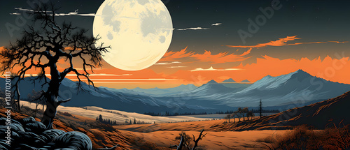 Full Moon Over Hilly Countryside Landscape Pixel Art with Silhouette Trees in Orange and Blue Tones and a Retro Aesthetic
