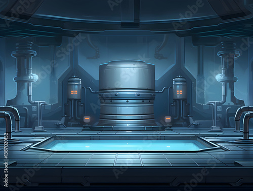 Futuristic Blue Lit Machine Room Interior with Shiny Metal Equipment and Pixel Art Style Industrial Design