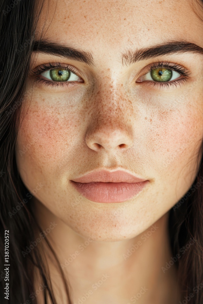 Fototapeta premium Close-up Portrait of a Woman with Freckles and Green Eyes