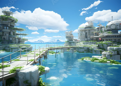Futuristic Cityscape With White Architecture and Blue Water Under Bright Sky Near Mountains With Geometric Pixel Art Style
