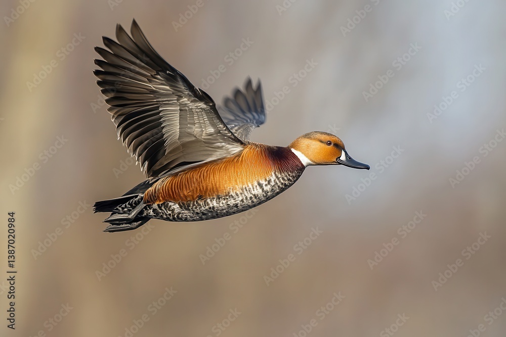 Obraz premium Eurasian Wigeon: Majestic Duck in Flight Showcasing Wild Fauna and Natureâ€™s Splendor